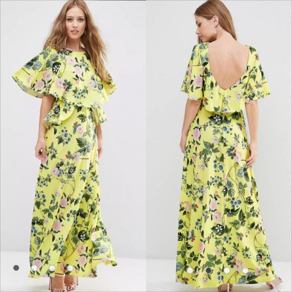 ASOS Dresses & Skirts - Asos Maxi Dress Size 6 Womans Yellow Floral Print Ruffle Sleeve Back V-Neck
